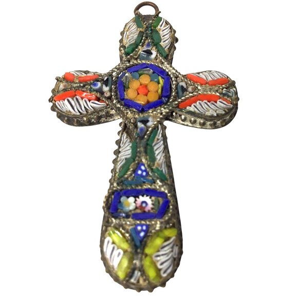 Vintage Micromosaic Cross Pendant Italy Style Millefiori Mosaic Floral Religious - Picture 2 of 5